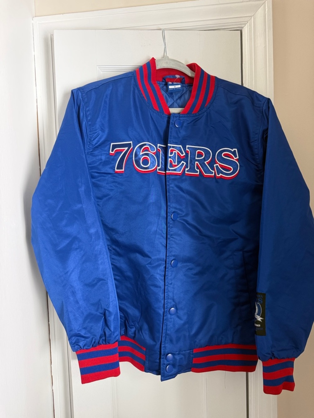 Men's Royal Blue 76ERS Satin Bomber Jacket with Red Trim